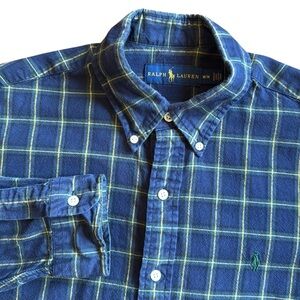 Ralph Lauren Weathered Plaid Cotton Button Down Shirt Navy Blue Multi Medium
